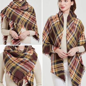 New! Wander Agio Brown/Gold Green Plaid Triangle Scarf/Shawl/Wrap One Size